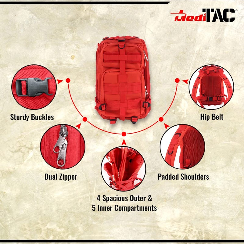 MediTac Tactical Assault Pack - First Aid Rucksack - 18" Military MOLLE Backpack - Red - Image 2